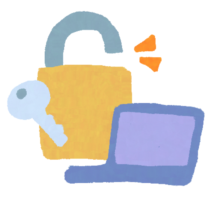 An unlocked padlock with a key, beside a laptop.
