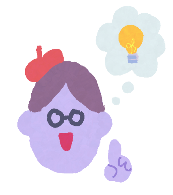 An art teacher with a lightbulb idea, pointing a finger.